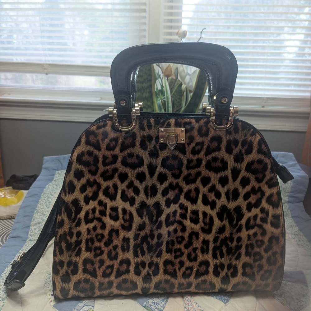 Leopard Print Dome Satchel Handbag - Black & Brown